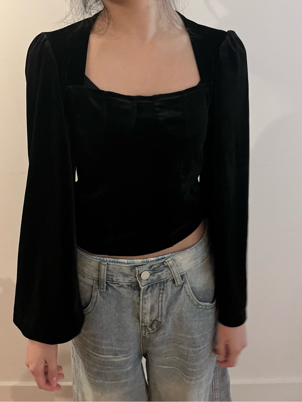 Black Velvet corset detail puffy shoulder bell sleeves XS